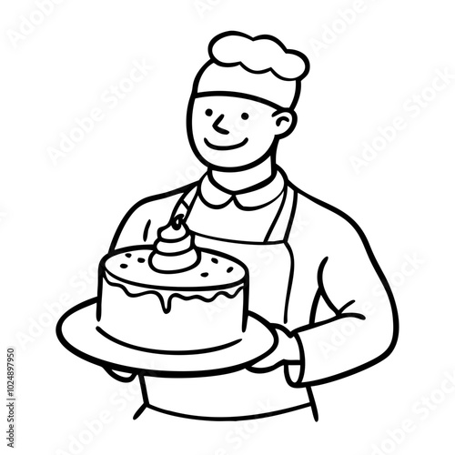  Chef Holding Decorated Birthday Cake Happy Baker Illustration