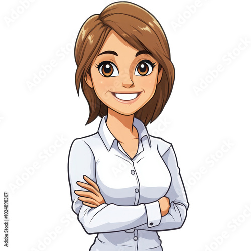 Smiling cartoon businesswoman with crossed arms, wearing a white shirt, confident expression, isolated on white background