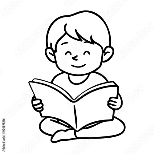  Happy Child Reading Book Line Art Illustration for Education and Learning
