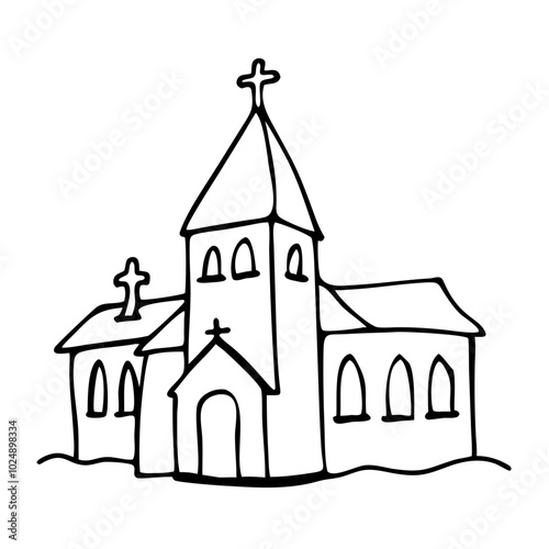  Hand Drawn Vector Illustration of Church Building with Crosses and Windows
