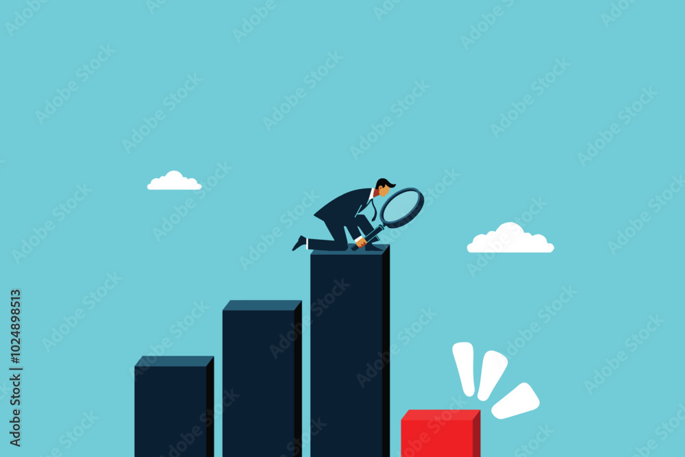 businessman investor looking through magnifying glass to see graph of despair businessman investor looking through magnifying glass to see graph of despair
