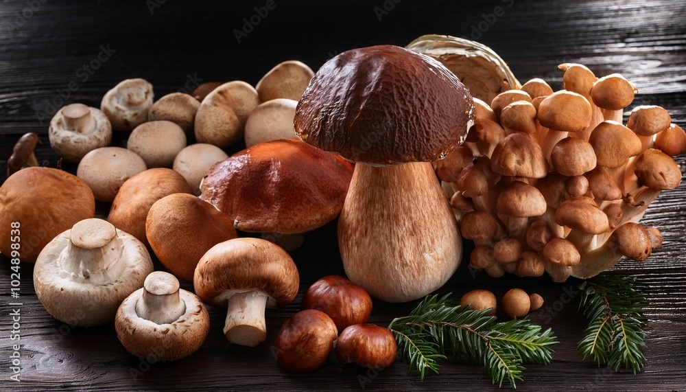 Fototapeta premium fresh mixed forest mushrooms on the wooden black table