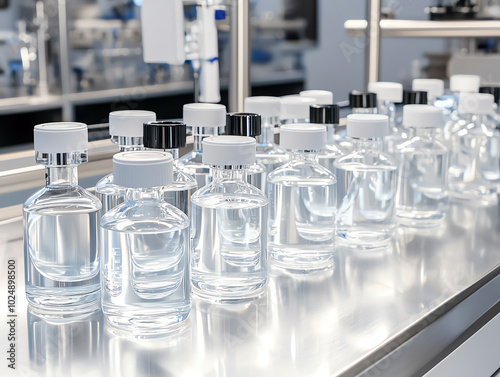 Laboratory glass vials filled with clear liquid on a stainless steel surface. photo