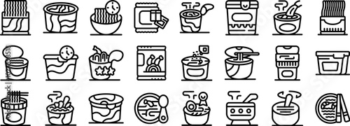 Instant soup icons set. Collection of various line icons representing instant noodles, a popular fast food option, packaged in cups, bowls, and bags, ready to be prepared
