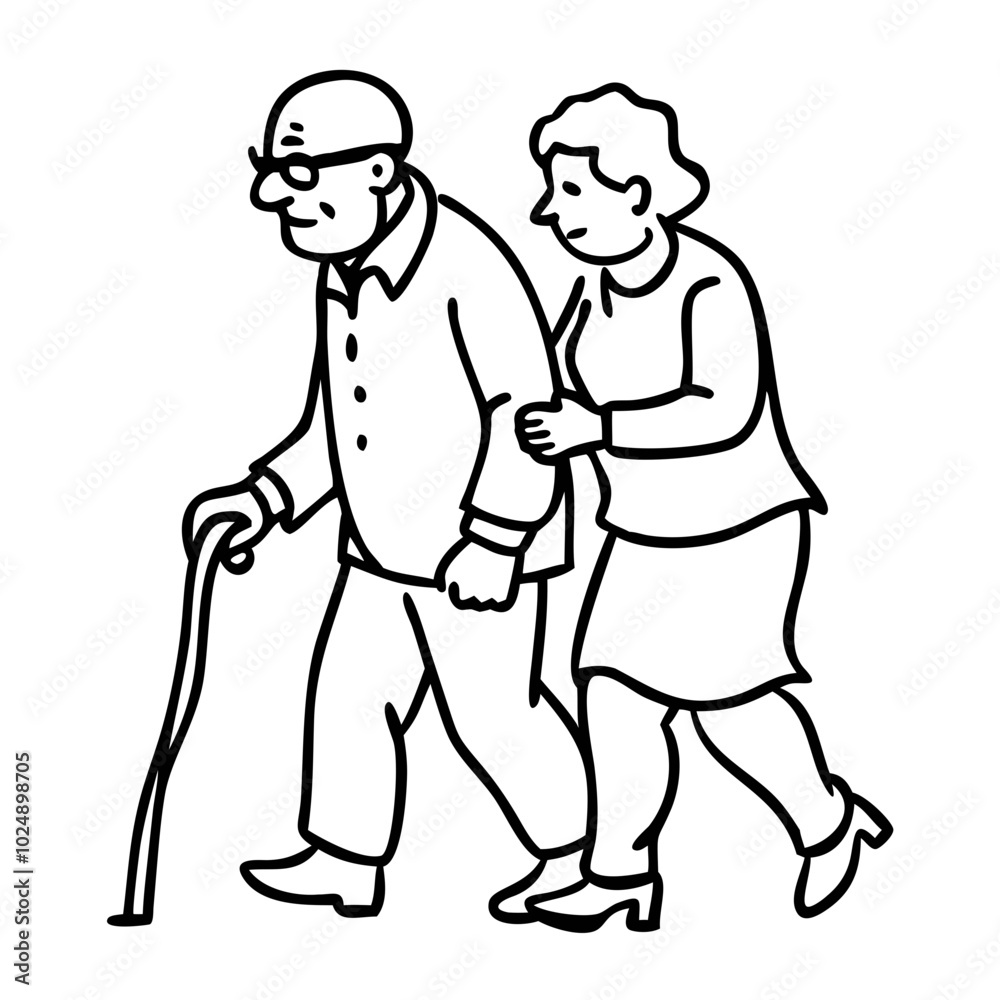 Elderly Support Illustration Senior Couple Walking Together with Cane Elderly Support Illustration Senior Couple Walking Together with Cane