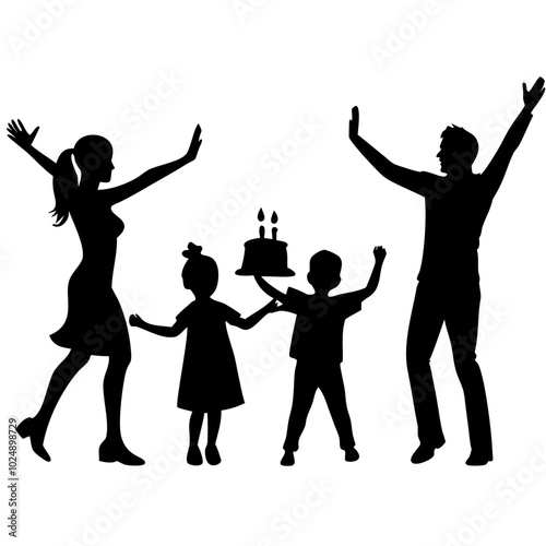  Happy Family Celebrating Child's Birthday with Cake Vector Silhouette Illustration