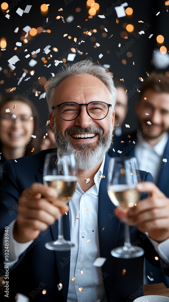 A front view of a group of executives celebrating the signing of a major business contract in an office setting A front view of a group of executives celebrating the signing of a major business contract in an office setting