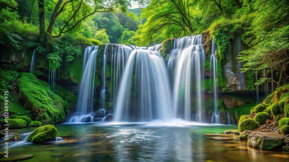 Minimalist waterfall in lush forest Minimalist waterfall in lush forest