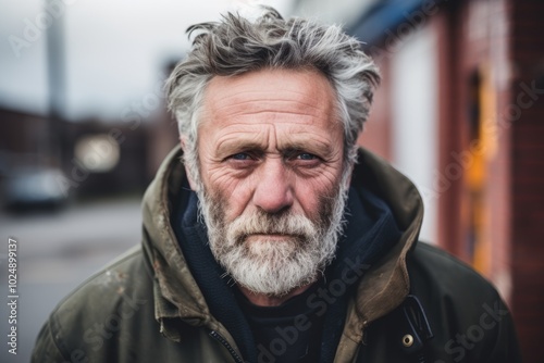 Portrait of senior man with grey hair and beard in urban background