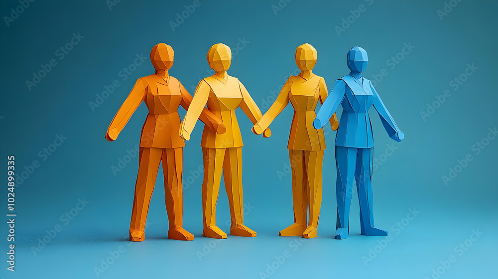 Four stylized paper figures in vibrant colors on a blue background. Four stylized paper figures in vibrant colors on a blue background.