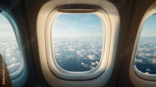 An airplane window view shows serene clouds against a clear blue sky, capturing a sense of travel, tranquility, and freedom high above the earth's surface.