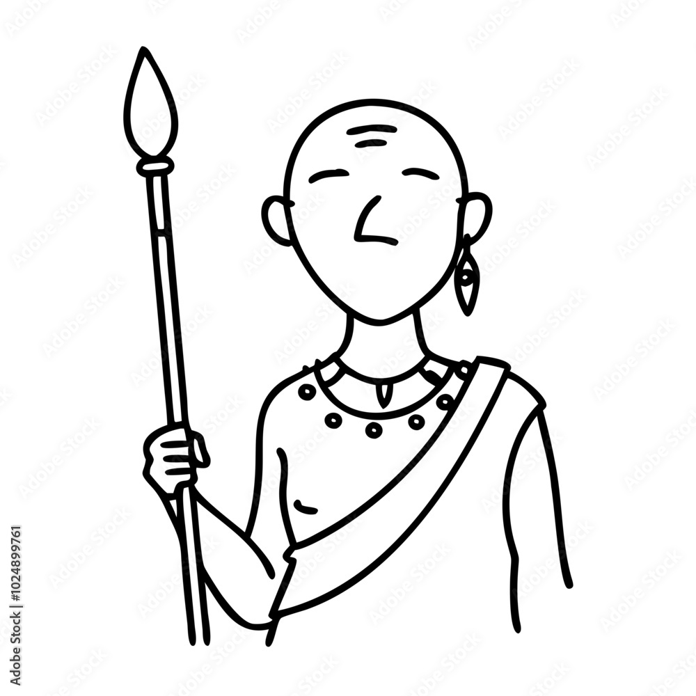 Ancient Warrior Illustration with Spear and Tribal Jewelry Vector Art Ancient Warrior Illustration with Spear and Tribal Jewelry Vector Art
