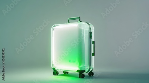 A white suitcase with a glowing green light inside on a gray background.