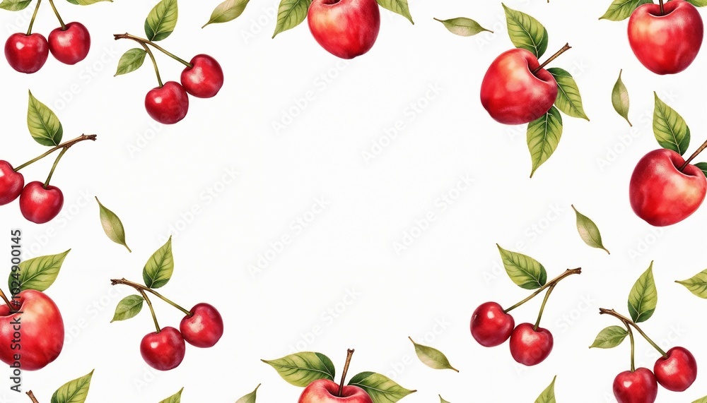 Red Apples and Cherries Pattern on White Background with Copy Space Red Apples and Cherries Pattern on White Background with Copy Space
