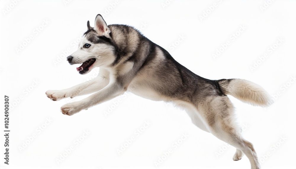 Fototapeta premium husky in active agile jumping pose on isolated background