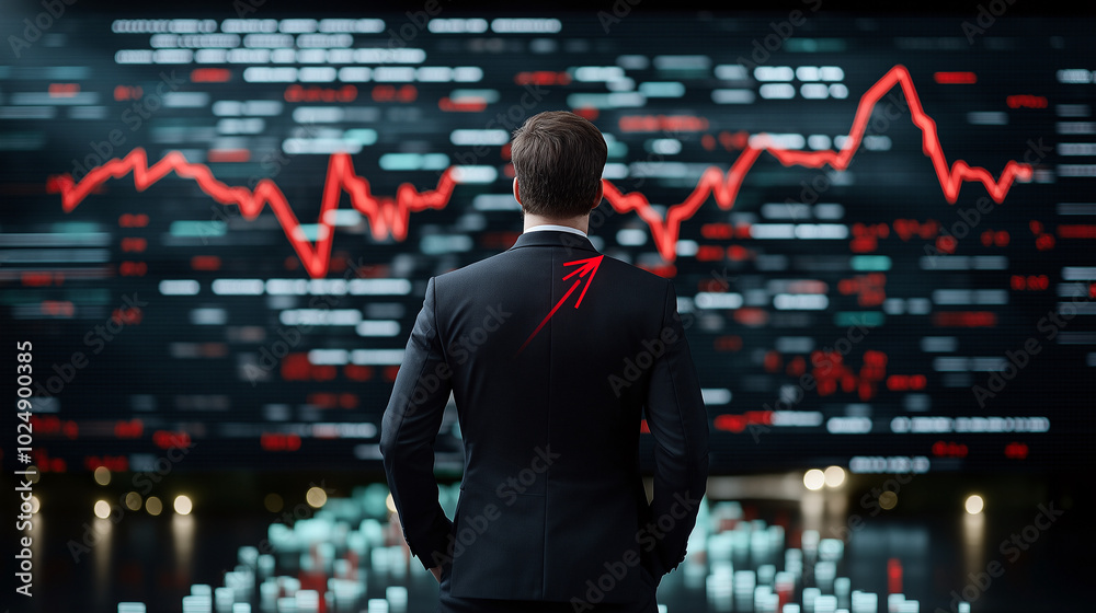 businessman stands confidently in front of large digital display showing fluctuating stock market trends, symbolizing growth and opportunity businessman stands confidently in front of large digital display showing fluctuating stock market trends, symbolizing growth and opportunity