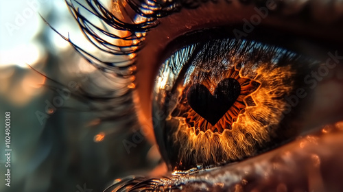 A Captivating Eye Shines Bright With Heart-Shaped Pupils, Reflecting Warmth and Joy in a Stunning Close-Up Shot Under Golden Sunlight