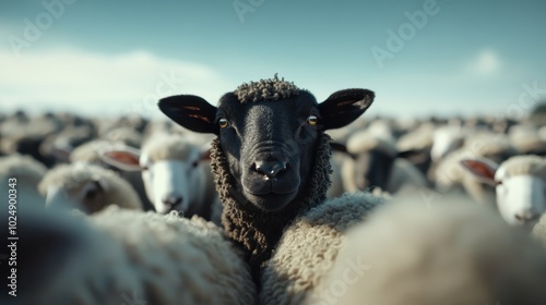 The image depicts a black sheep prominently centered among a sea of white sheep, symbolizing individuality and uniqueness amidst conformity in a pastoral setting. photo