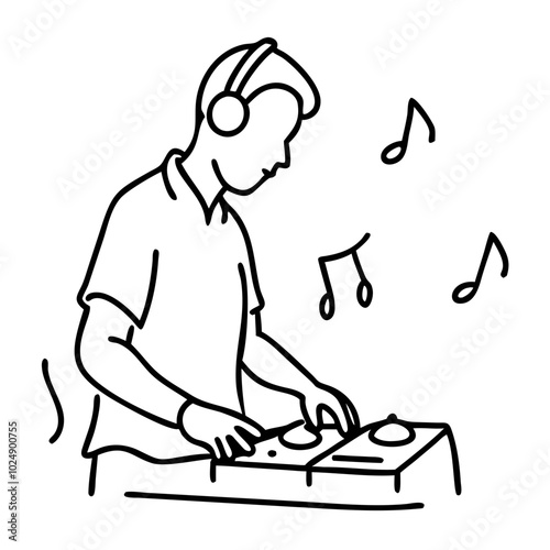 DJ with Headphones Mixing Music Notes at Turntable Vector Illustration