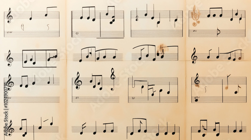 Sheet music with musical notes on aged paper, featuring various treble and bass clefs, staves, and rhythmic patterns.