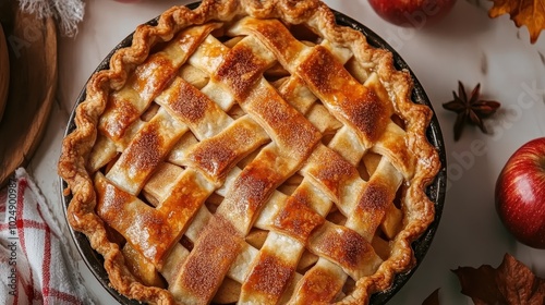 A deliciously golden apple pie with a lattice crust, set amongst fresh apples, embodying the warmth and sweetness of home-baked desserts in a cozy setting. photo