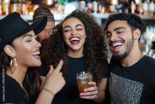 Friends laughing and enjoying drinks at bar, creating lively and joyful atmosphere. Their expressions reflect happiness and camaraderie, making moment memorable