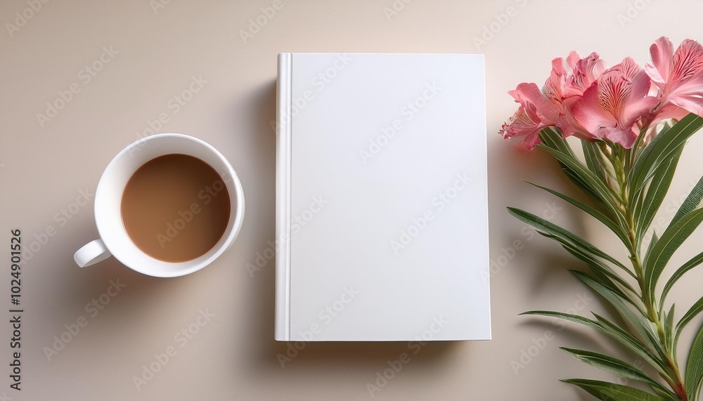 white book mockup with a cup of coffee and oleander on a beige table white book mockup with a cup of coffee and oleander on a beige table