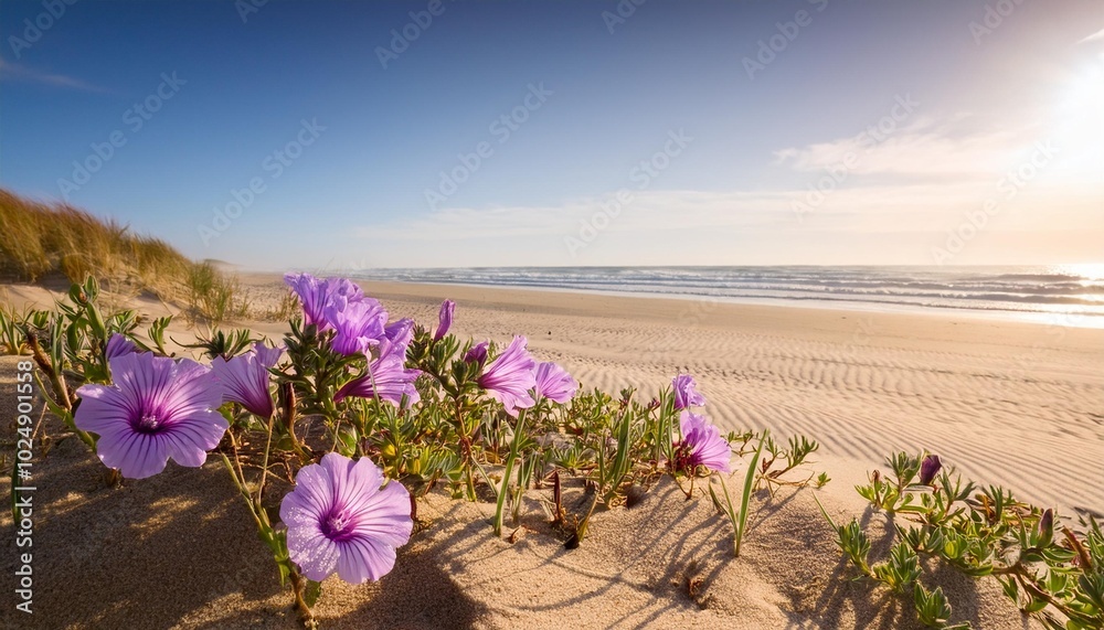 Fototapeta premium purple flowers at the beach in the sand
