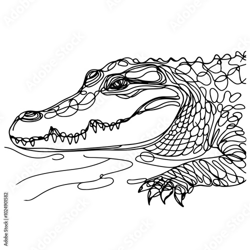 crocodile in one line art drawing continuous vector illustration, transparent background