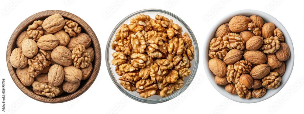 Top view Walnuts in bowl on white background Top view Walnuts in bowl on white background