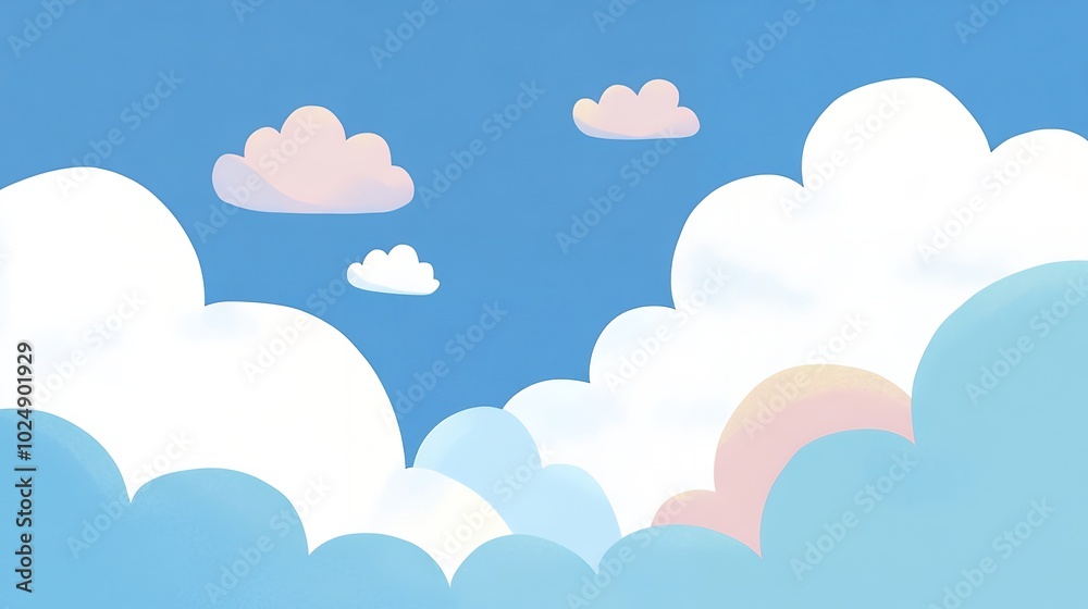 Simple pastel clouds against a bright blue sky with shades of white, pink, yellow, and blue. Minimalistic hand-drawn cloudscape illustration. Design for greeting card, wallpaper, and poster. Simple pastel clouds against a bright blue sky with shades of white, pink, yellow, and blue. Minimalistic hand-drawn cloudscape illustration. Design for greeting card, wallpaper, and poster.
