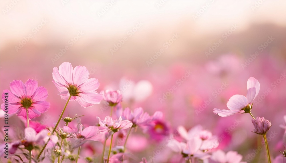 soft blur of cosmos flowers field with the vintage pink color style for background
