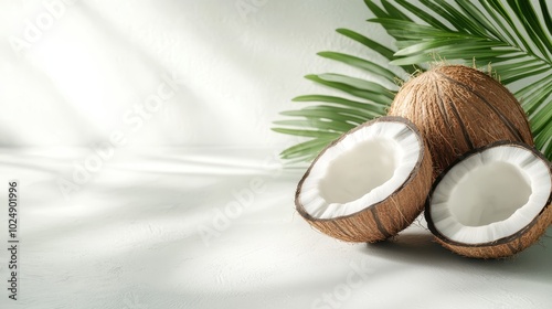 This image features coconuts, both whole and halved, accompanied by palm fronds on a light background, creating a natural and tropical setting full of freshness. photo