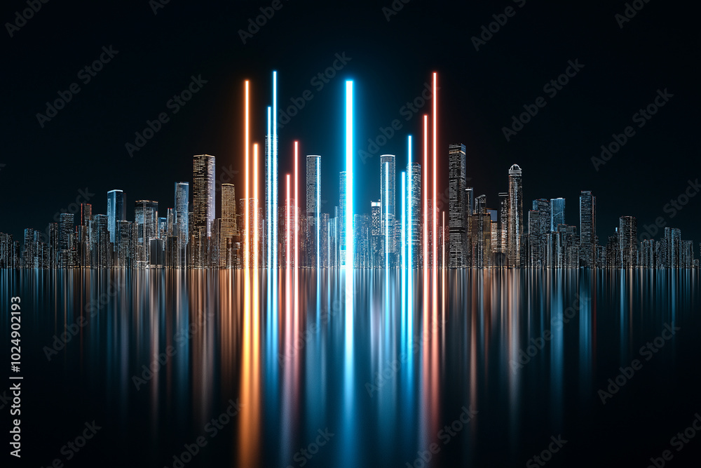 vibrant city skyline illuminated by colorful neon lights reflects on water, creating stunning visual effect. bright vertical lines add dynamic touch to serene night scene vibrant city skyline illuminated by colorful neon lights reflects on water, creating stunning visual effect. bright vertical lines add dynamic touch to serene night scene