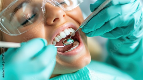 A dental patient with instruments in her mouth, receiving professional care from a dentist, suggesting oral health maintenance and medical professionalism.