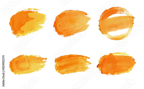 orange brush stroke set, oval and thought bubble, isolated composition, stylized paint