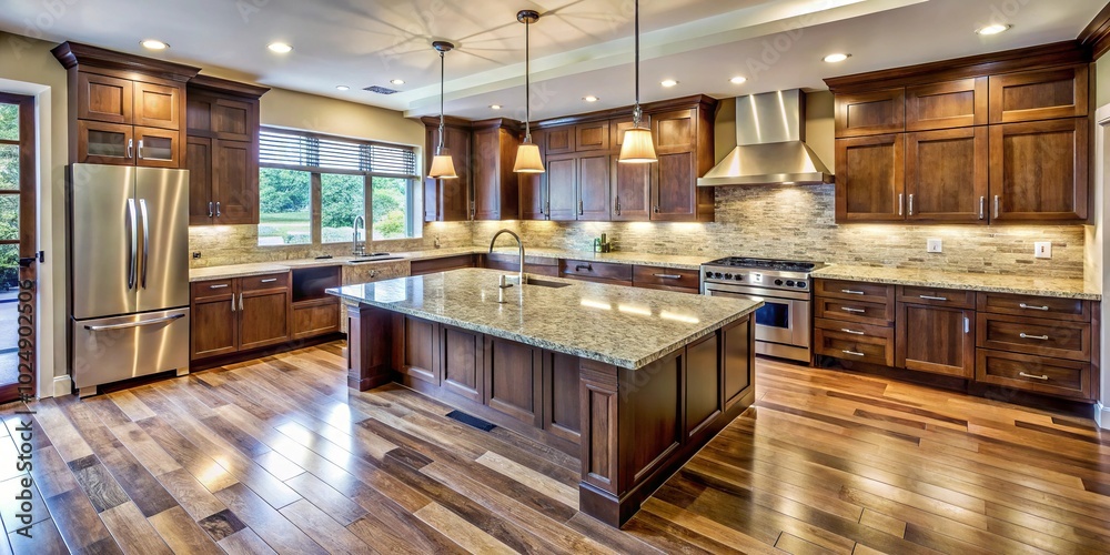 Modern kitchen with granite countertops, floor to ceiling cabinets, and hardwood floors