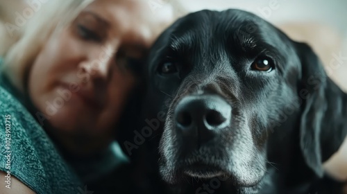 A touching moment between a woman and her black Labrador retriever as they relax together at home, showcasing love, companionship, and trust.