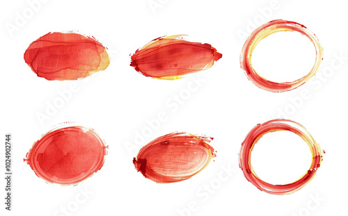 red brush stroke set, oval and circle shape, isolated composition, stylized paint