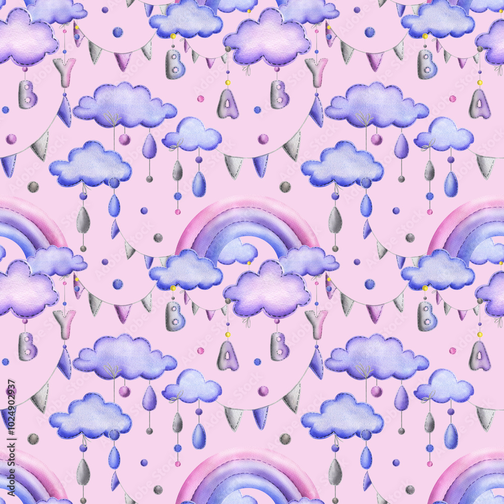 A stitched rainbow with clouds and letters BABY, garland flags, dots hanging from ropes in blue, purple and pink. Cute hand drawn watercolor illustration. Seamless pattern on a pink background