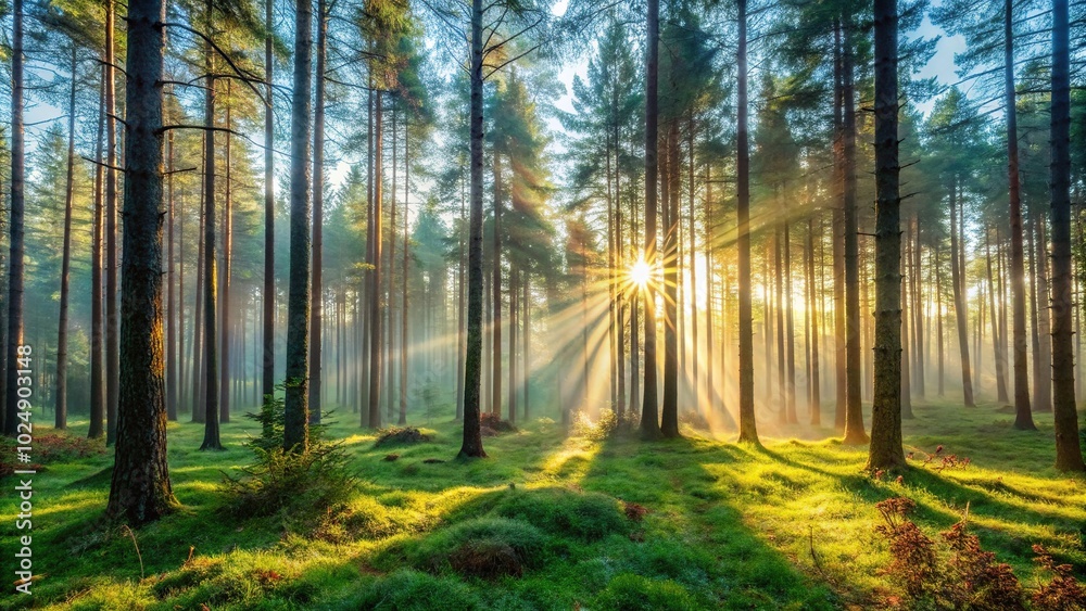 Morning sunlight shining through trees in a forest
