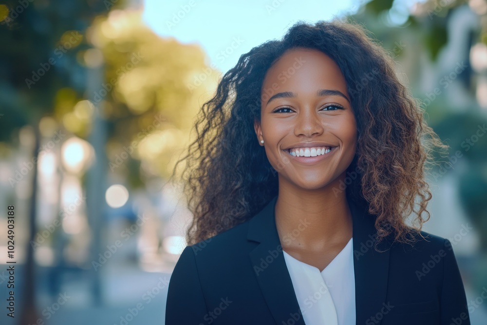Confident Businesswoman Smiling in Urban Setting Confident Businesswoman Smiling in Urban Setting
