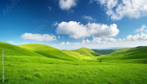 green hill landscape under blue sky with white clouds serene nature background vibrant grass field clear weather day outdoor scenery for relaxation and peace