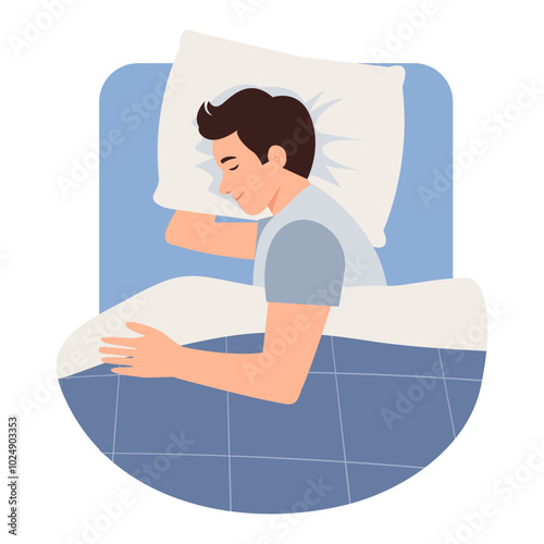 Man sleeping in bed under duvet. A guy lying in a side pose during dream on pillow, top view. Vector Illustration