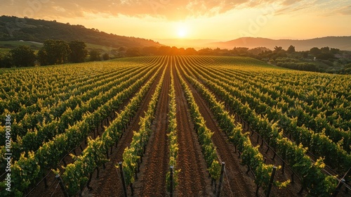 Lush vineyard rows under a golden sunset sky.