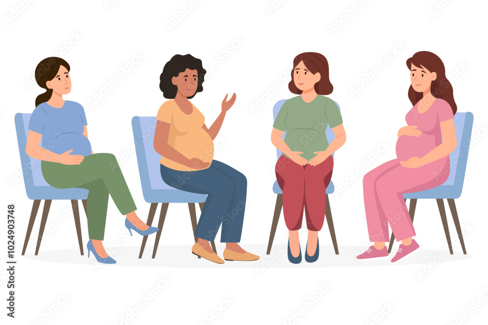 Obraz premium Maternity preparation seminar. Group of pregnant and happy young women talking and laughing, holds their bellies waiting for the birth of a child. Vector illustration