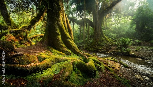 a beautiful fairytale enchanted forest with big trees and great vegetation