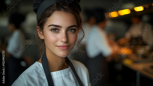 Young chef smiling in a bustling kitchen environment.