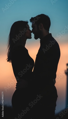 A romantic silhouette of a couple sharing an intimate moment at sunset.