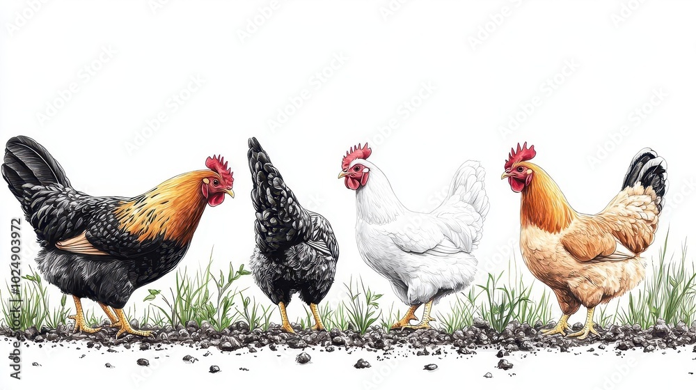 Fototapeta premium A group of hens pecking the ground, pencil illustration, muted tones, isolated on white background